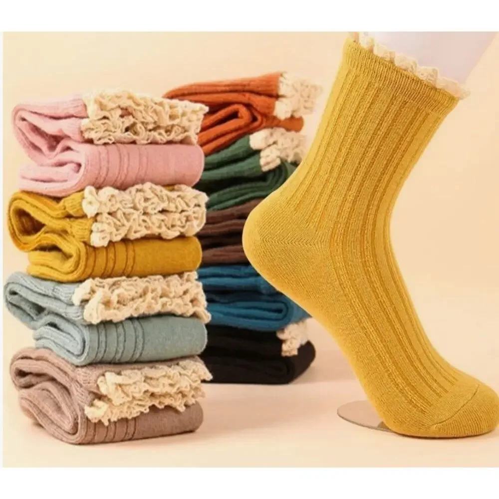 Mid-Calf Ruffle Socks - 70% Cotton, Cute & Comfy for Women (10Pairs)